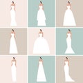 Brides in different styles of wedding dresses.